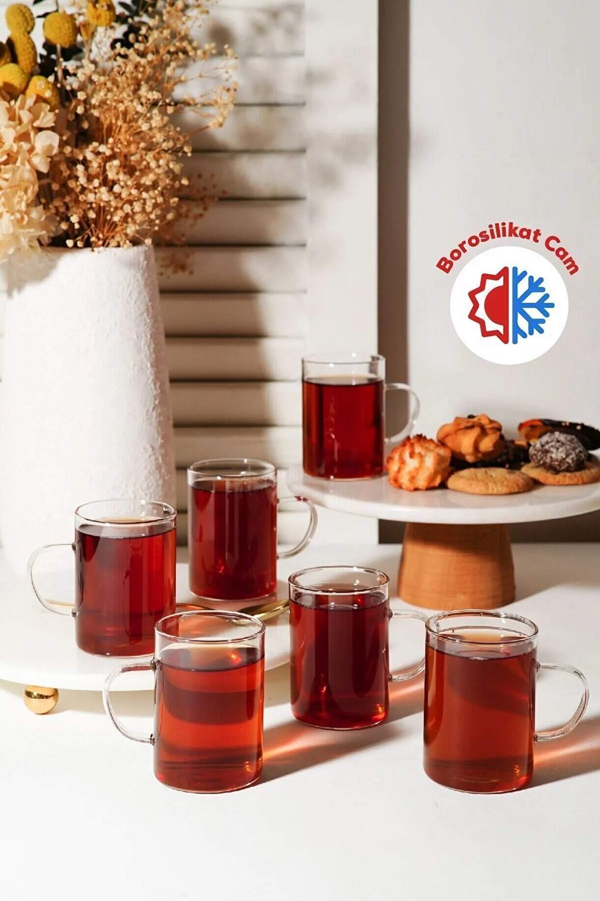 Borosilikat Cam Kulplu Isıya Dayanıklı Çay Bardağı 6’lı Set